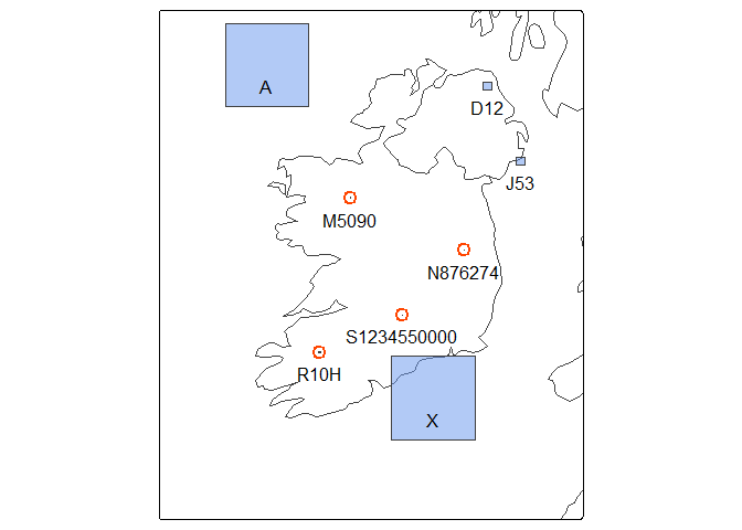 A map of Ireland with polygons spanning each sample grid reference. The polygons range in size from 100 km square to 1 m square.